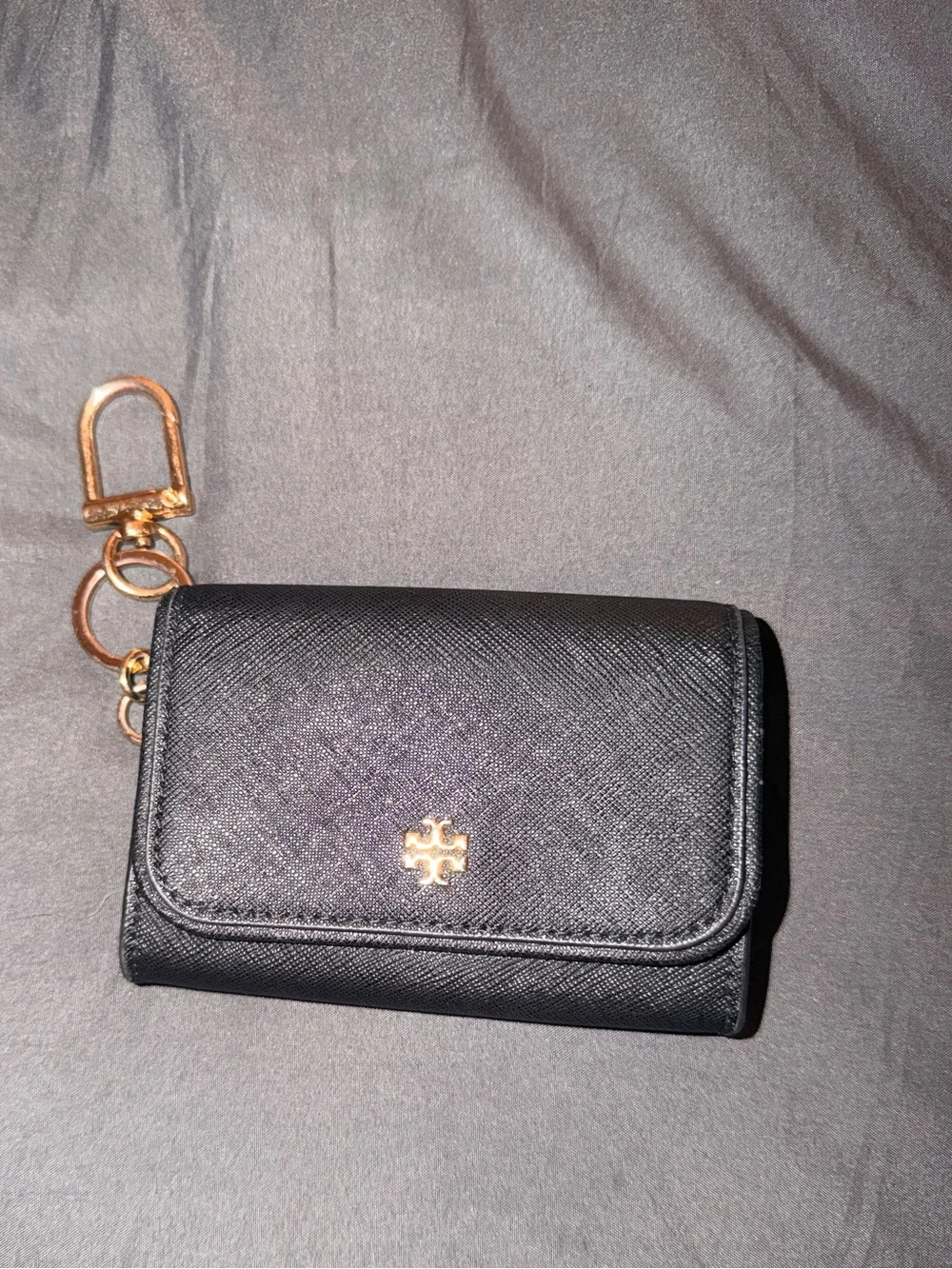 Tory Burch Black Leather Key & Card Case with Gold Hardware